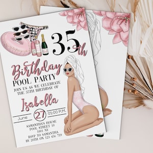 Pool Party 35th Birthday invitation, Women Birthday Invitation, Adult Birthday Invitation, Girly Birthday Invitation