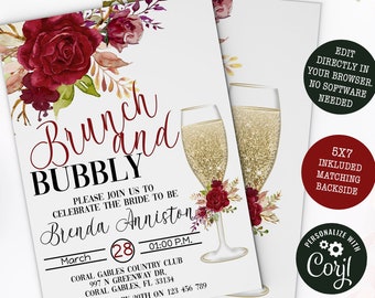 Brunch & Bubble Bridal Shower invitation,Red Floral Bridal Brunch Invitation, Champagne Bridal Shower , Elegant Bridal Shower Invitation