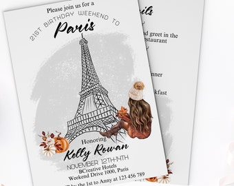 Paris Fall Birthday weekend invitation Template, Fall Birthday Girl weekend itinerary template, Girls trip Invitation, Autumn Birthday