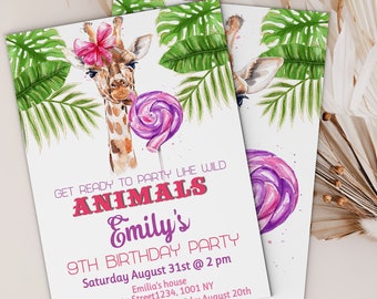 Giraffe Birthday Girl invitation,  Girl birthday Invite, Giraffe tropical birthday party Invite, Pink Giraffe Birthday Invitaiton / G1000