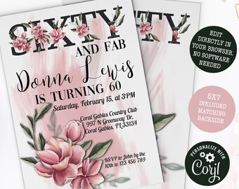 60th Birthday Invitation: Floral, Elegant Design (Digital Download)