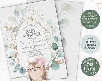 Owl Leaf Greenery Baby Shower Invitation Template, Printable Baby Shower Invitation, Gender Neutral baby Shower