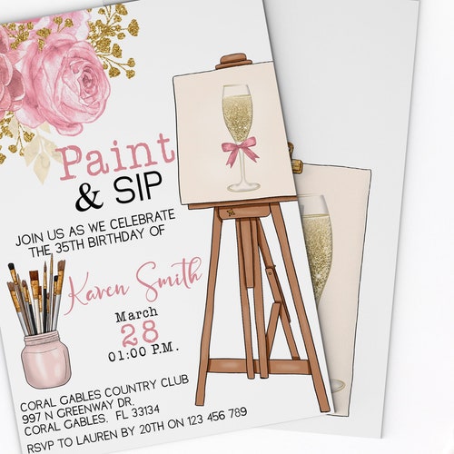 Paint and Sip Invite Adult Paint Party Invitation Wine Etsy