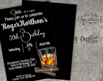 surprise party invitation digital download, cigar bar whiskey birthday invitation for men, 21st birthday invitation for him, 30th birthday