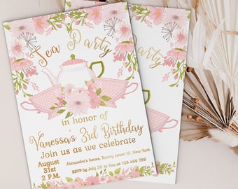 Tea Birthday Girl invitation, Tea Birthday Party Invitation, kids Virtual Birthday Par-Tea Invite, Pink Floral Tea Party / Vanessa