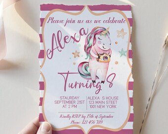Magic Unicorn Pink Birthday invitation, Printable Unicorn Birthday Invite, Instant Download Editable Girls Birthday Unicorn Invite