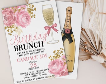 Brunch and Bubbly Birthday Invitation Template, 30th Champagne Brunch Invitation, Birthday invitations for women, Brunch and Bubbly for her
