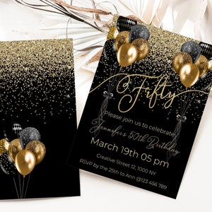 Black and Gold 50th Birthday invitation, Gender Neutral Birthday Invitation, Adult Birthday Invitation, Elegant Birthday Invitation  / B2000