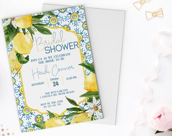 Lemon Bridal Shower Invitation, Mediterranean Theme Lemon Bridal Shower Invitation Template, DIY Printable, Corjl, Editable Bridal Shower