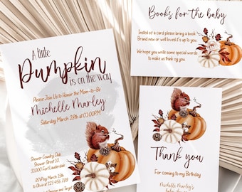 Fall Baby Shower Invitation, Cute Autumn Baby Shower, Editable Red Flowers Books for the baby, Favor tag Print, Gender Neutral // Michelle