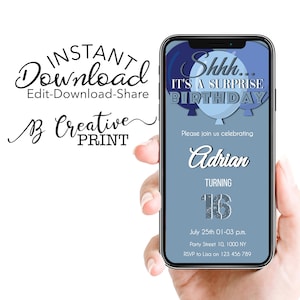 16th Birthday Boy Invitation, Surprise Birthday Invitation for him, Cool Blue Birthday Evite for boys, Mobile editable Birthday Template