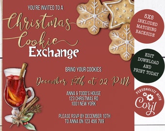 Rustic Christmas Cookie Exchange Invitation, Holiday Christmas Party Invitation, Christmas Template, Printable Holiday Party Invitation
