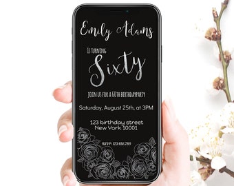 60th Birthday Invitation for Women: Black & Silver Evite (Digital File)
