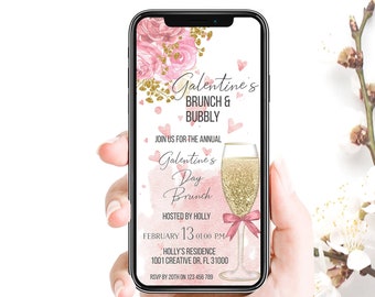 Galentine&#39;s day Brunch Party Invitation, Mobile Brunch & Bubbly Galentines Invitation, Galentines Brunch and Champagne Invitation