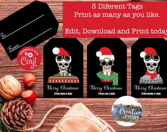 Funny Personalized Christmas Skull Gift Tags, To & From Tags, Editable Christmas Favor tag