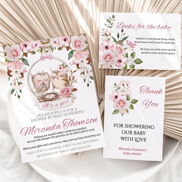 It's a girl Owl Shower By Mail Invitation, Editable Cute Owl Baby Shower, Elegant baby shower Books for the baby and Favor tag // Miranda