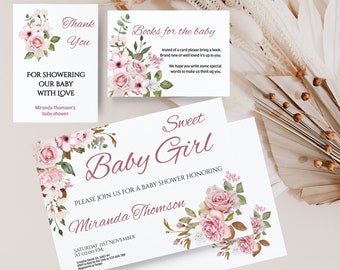 It's a girl Floral Baby Shower Invitation, Cute Flower Baby Shower, Editable Pink Flowers Books for the baby, Favor tag Print //Miranda