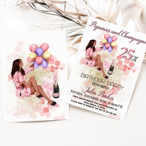 Pyjama & Champagne pétillante invitation 25e anniversaire, Invitation d'anniversaire de soirée pyjama femmes, Invitation pyjama adulte