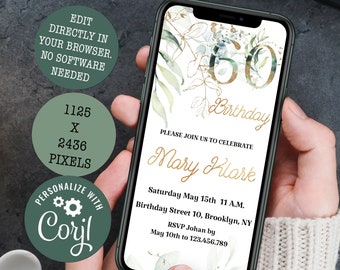 Greenery Gold 60th Birthday Invitation: Mobile Design (Digital File)