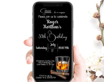 Birthday Man 30th Mobile invitation, Birthday invitation for Him, Whiskey and Cigar Birthday Mobile Invitation, Gentlemens Invitation