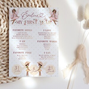 Fairy 1st Birthday Poster Rosa / giallo Whimsical Watercolor Milestone Poster, modificabile un anno Birthday Party Sign / Eveline