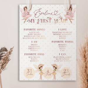 Fairy 1st Birthday Poster Rosa / giallo Whimsical Watercolor Milestone Poster, modificabile un anno Birthday Party Sign / Eveline