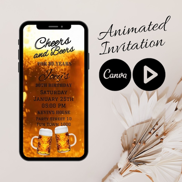 Cheers to 30 Years: Animated Beer Birthday Party Invitation with Modern Flair, Video Mobile Option and Canva Animation