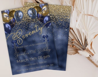 Navy and Gold 70th Birthday invitation, Gender Neutral Birthday Invite, Adult Birthday Invite, Elegant Birthday Invitation for her // NJ1000