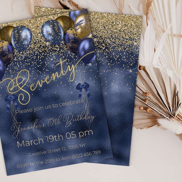 Navy and Gold 70th Birthday invitation, Gender Neutral Birthday Invite, Adult Birthday Invite, Elegant Birthday Invitation for her // NJ1000