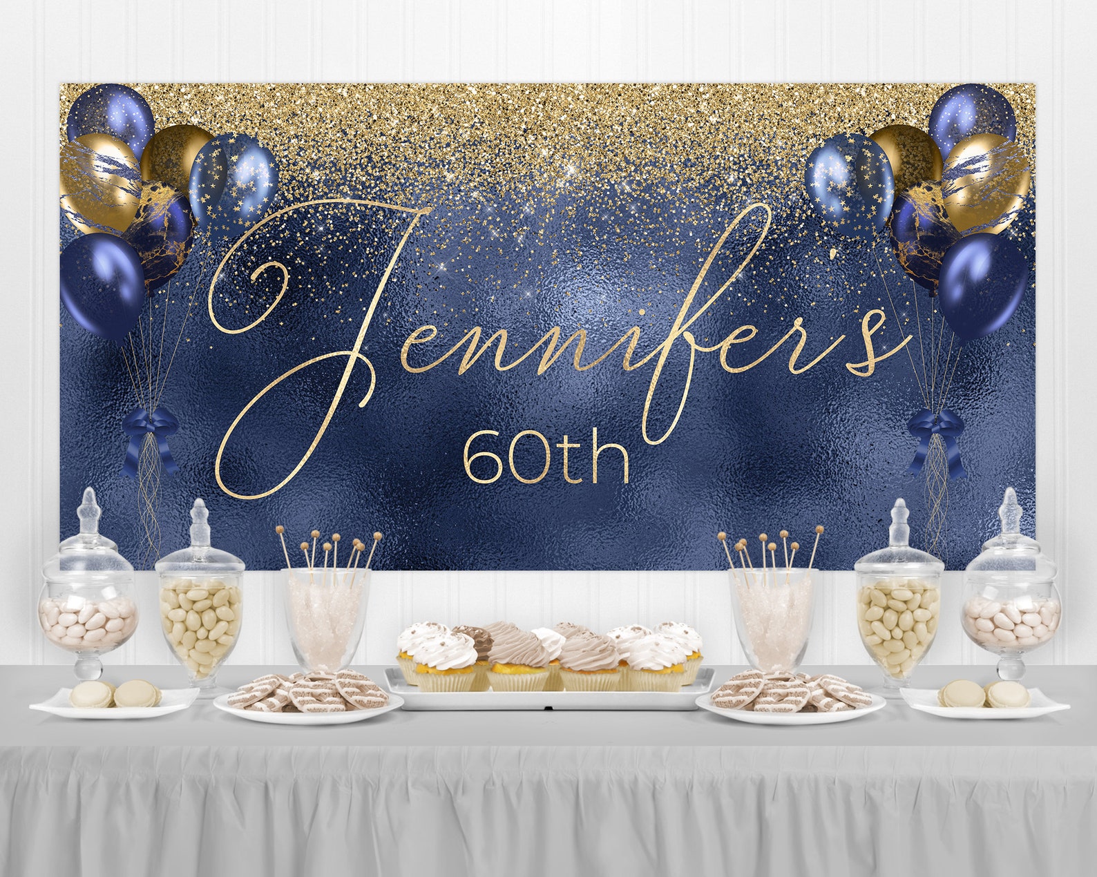 Navy and Gold Birthday Printable Backdrop Sign Gold Balloon Etsy