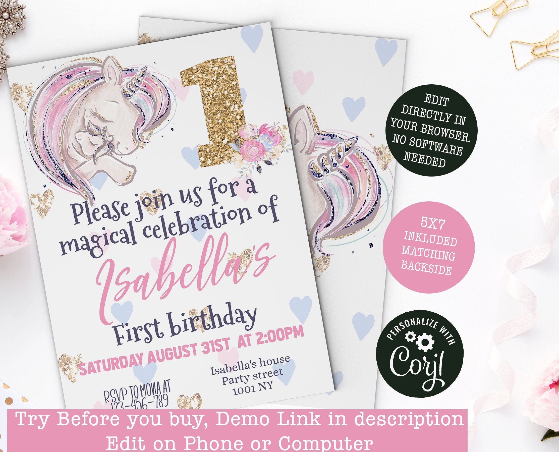 unicorn birthday invitation editable unicorn invitation etsy