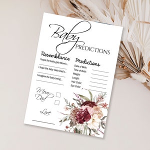 Prédictions de bébé Boho Floral Baby Shower, carte de prédictions de bébé de fleur rouge, jeux de douche de bébé neutres de genre // Betty