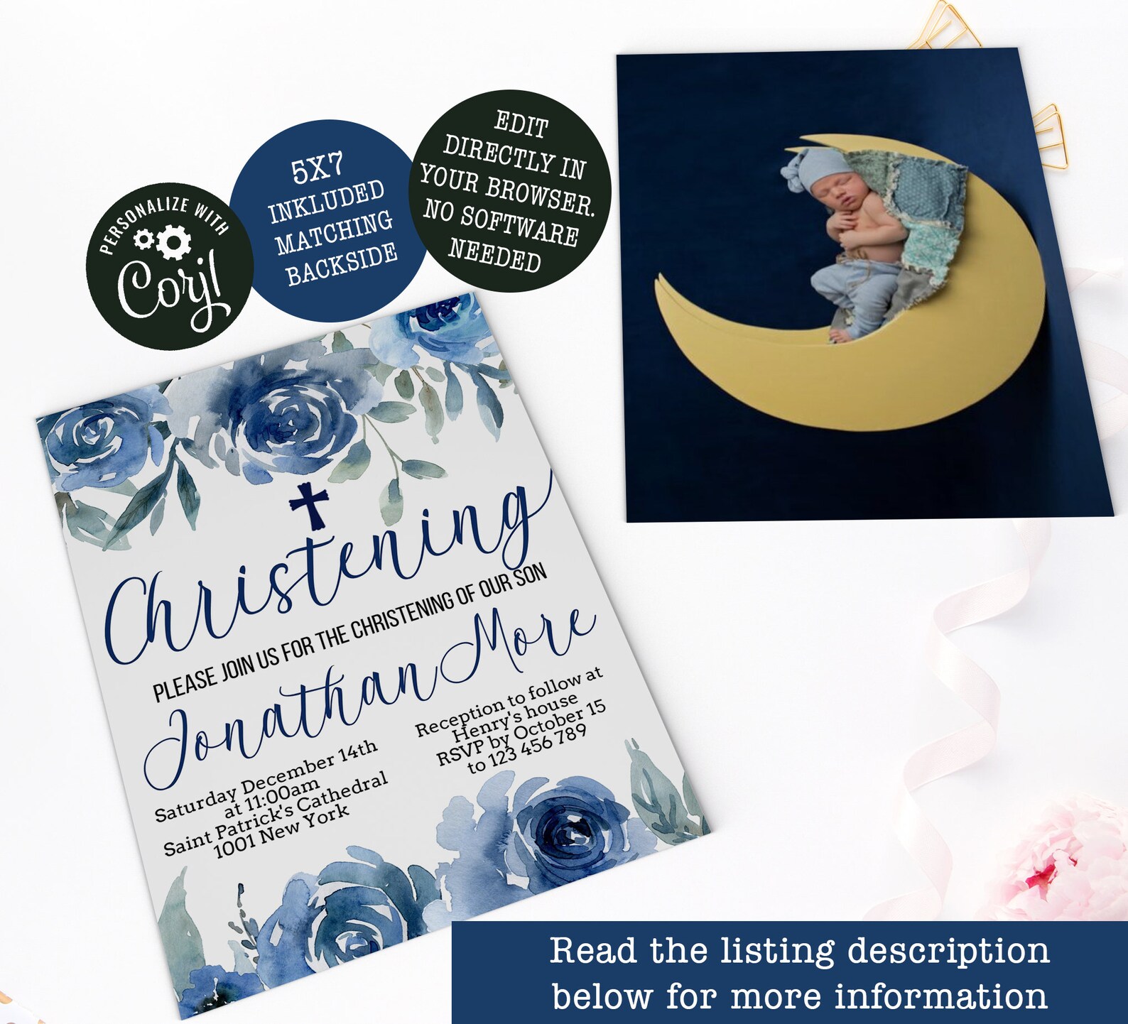 Christening Boy Invitation With Photo Backside Christening Etsy