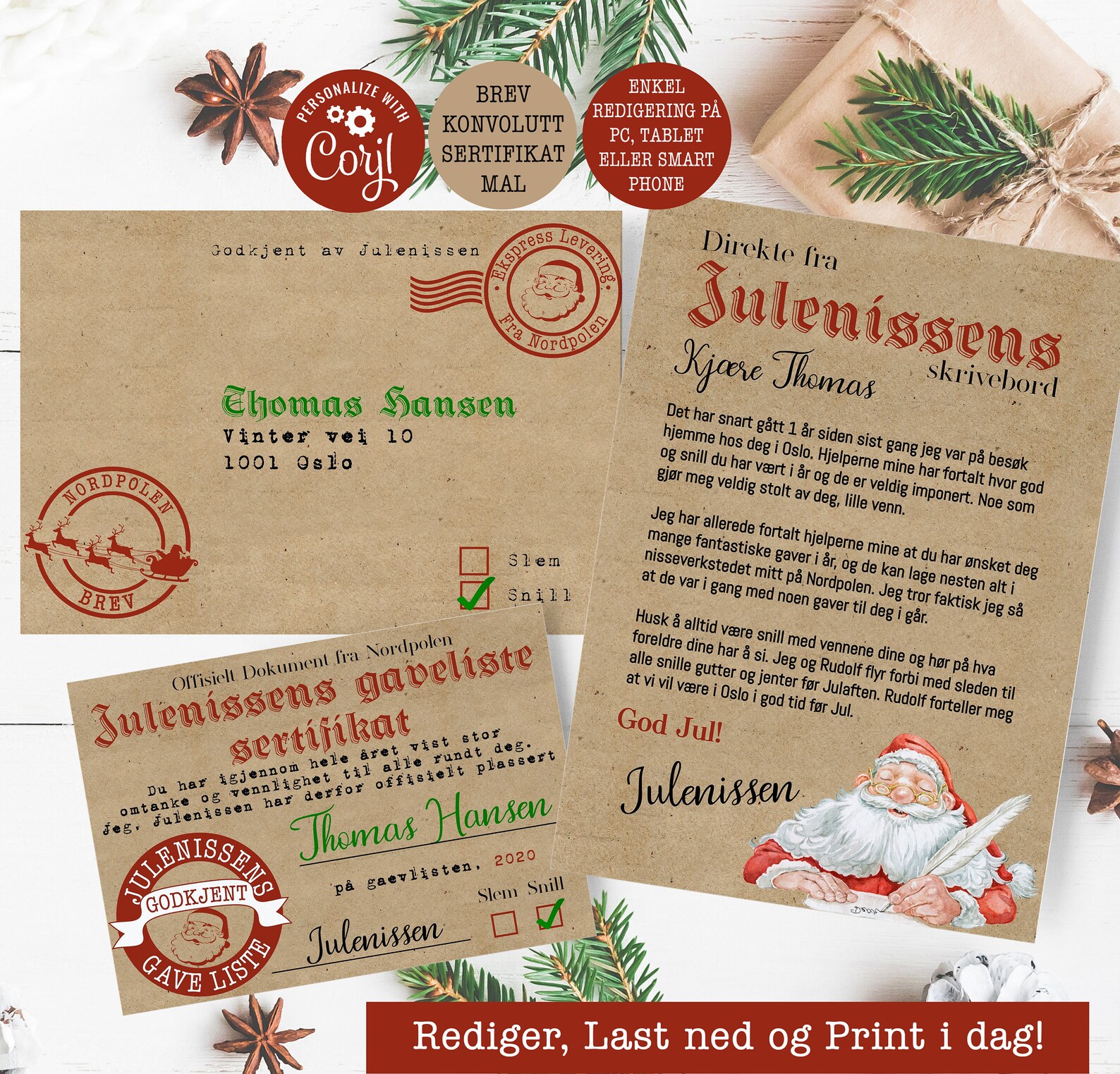 DIY Brev fra Julenissen på Norsk gaveliste Setifikat | Etsy