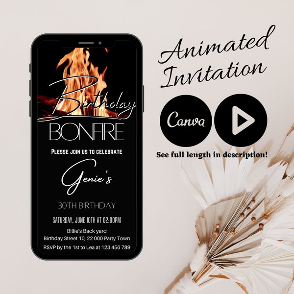 Video Bonfire Birthday Party Invitation, Video BBQ Mobile Birthday Invitation, Cheers and Beers Birthday, Bonfire Canva animated Invitation