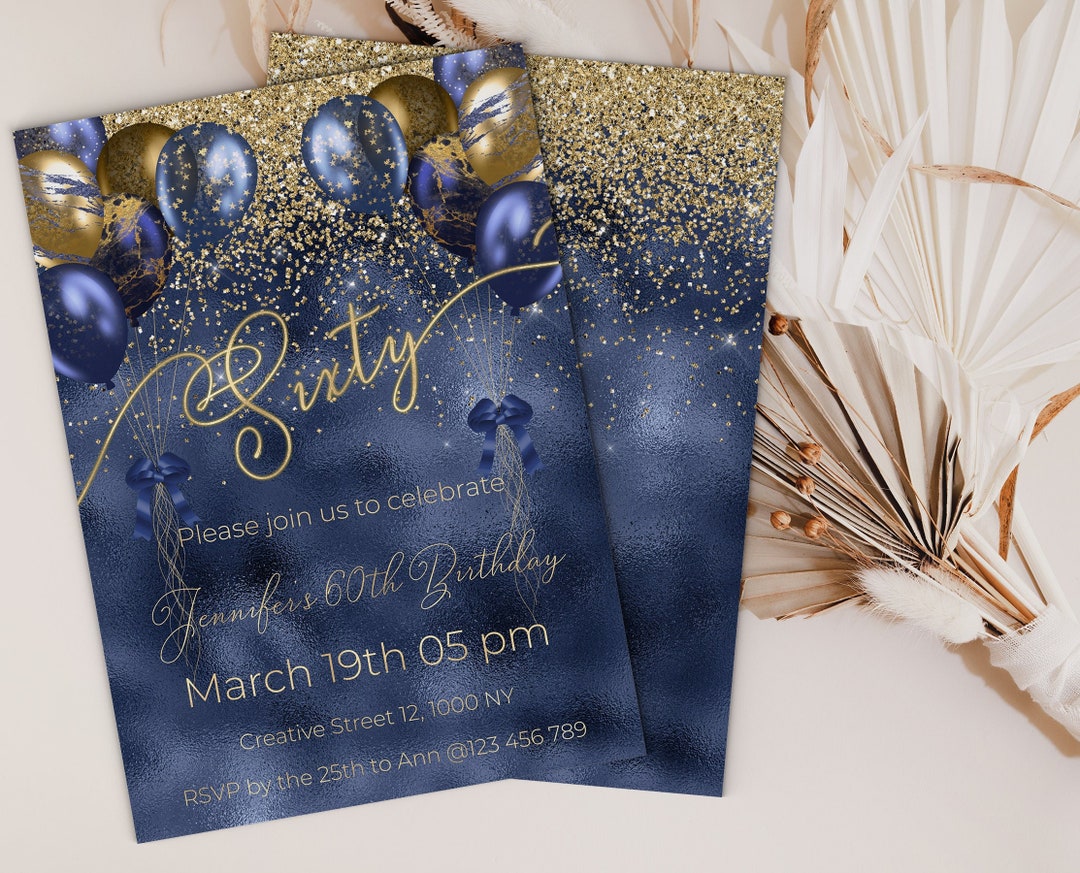 Navy and Gold 60th Birthday Invitation, Elegant Balloons (digital File) -  Etsy, image size:1080x873
