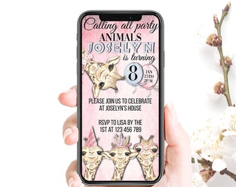 Giraffe 9th Birthday Invitation: Pink Party Animals Mobile Template