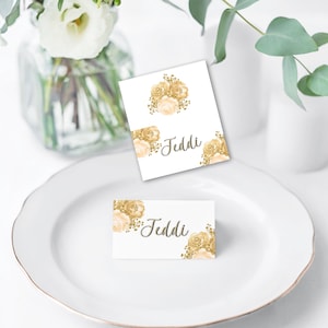 Bruiloft Gouden Place Card sjabloon Plat of Gevouwen, Floral Birthday Food Tag, Tent Gold Floral Wedding Name Card / Teddi
