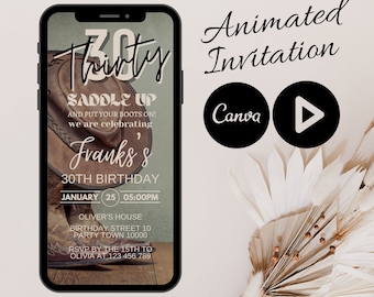 Animated Cowboy Birthday Party Invitation, Video Western Mobile Birthday Invitation, Modern Cowboy Birthday, Canva animated Invitation