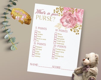 Blush Floral Baby Shower Game What's in your purse?, Pink Floral Baby Shower Games, Girly Baby Shower Game, Baby Shower Purse? // Mellanie