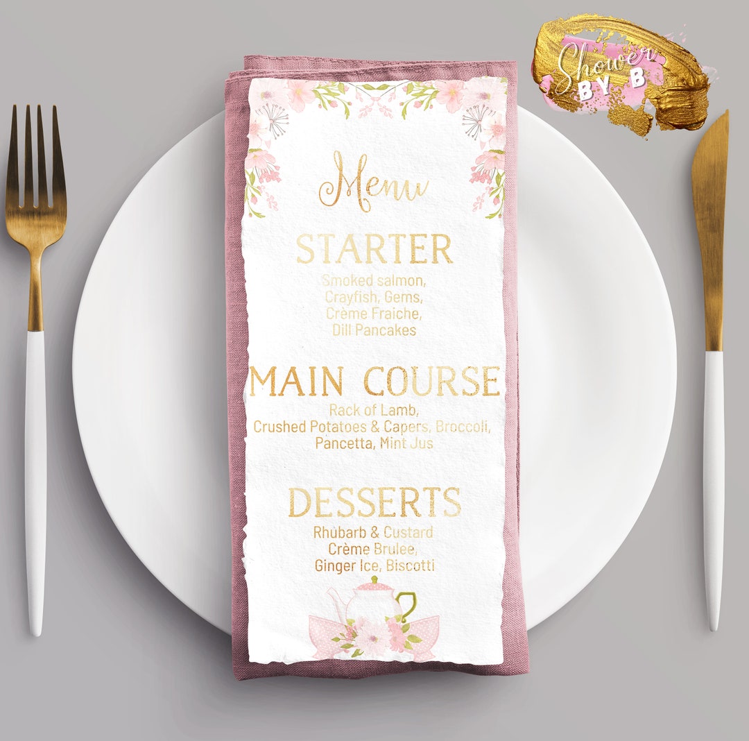 Tea Party Menu Template, Printable Menu Card, Pink Floral Menu, Baby ...