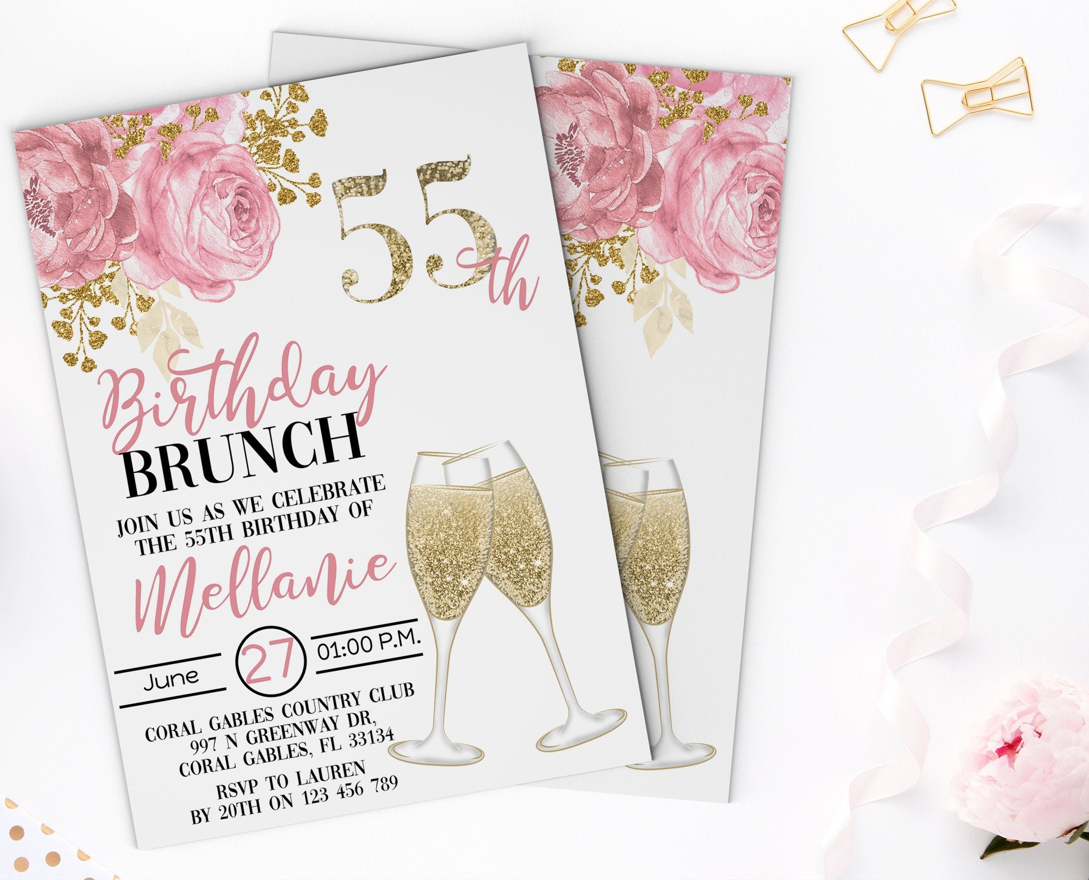 Pink Gold 55th Surprise Birthday Brunch invitation Women | Etsy