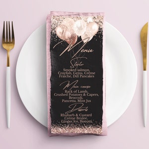 Rose gold Glitzer Menü Vorlage, Druckbare Menükarte, Elegante Rose Gold Menü, Sofortiger Download, druckbare bearbeitbare Menüvorlage