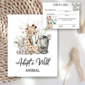 Giungla 1° compleanno Adotta un animale selvatico cartello e biglietto, verde africano animale acquerello, modificabile decorazione di compleanno di un anno / A1000