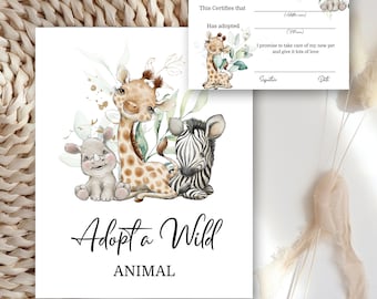Jungle 1st Birthday Adopt a Wild Animal Sign, Watercolor Animals (Digital Download)