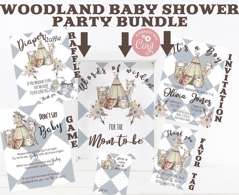 Baby Boy Woodland baby shower invitation Bundle Baby Blue Shower bundle Woodland Baby shower party bundle baby shower party Pack