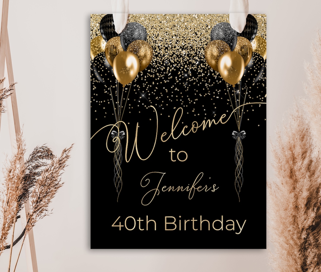 Black and Gold Birthday Sign, Gold Balloon Birthday
