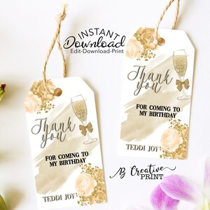 Verjaardag Champagne Brunch Favor tag, Dank u tag, Verjaardag Gift Tag, Bubbly Elegant Favor Tag, Champagne Flower Favor Tag