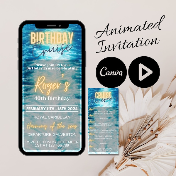 Birthday Cruise invitation and Itinerary template, Cruise Birthday Party Invitation, Cruise itinerary, Video invitation and Itinerary Invite