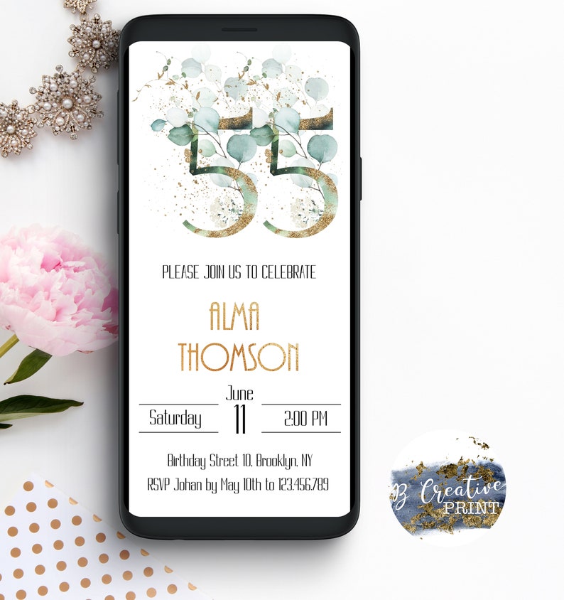 Mobile Greenery 55th Birthday invitation Women Birthday | Etsy
